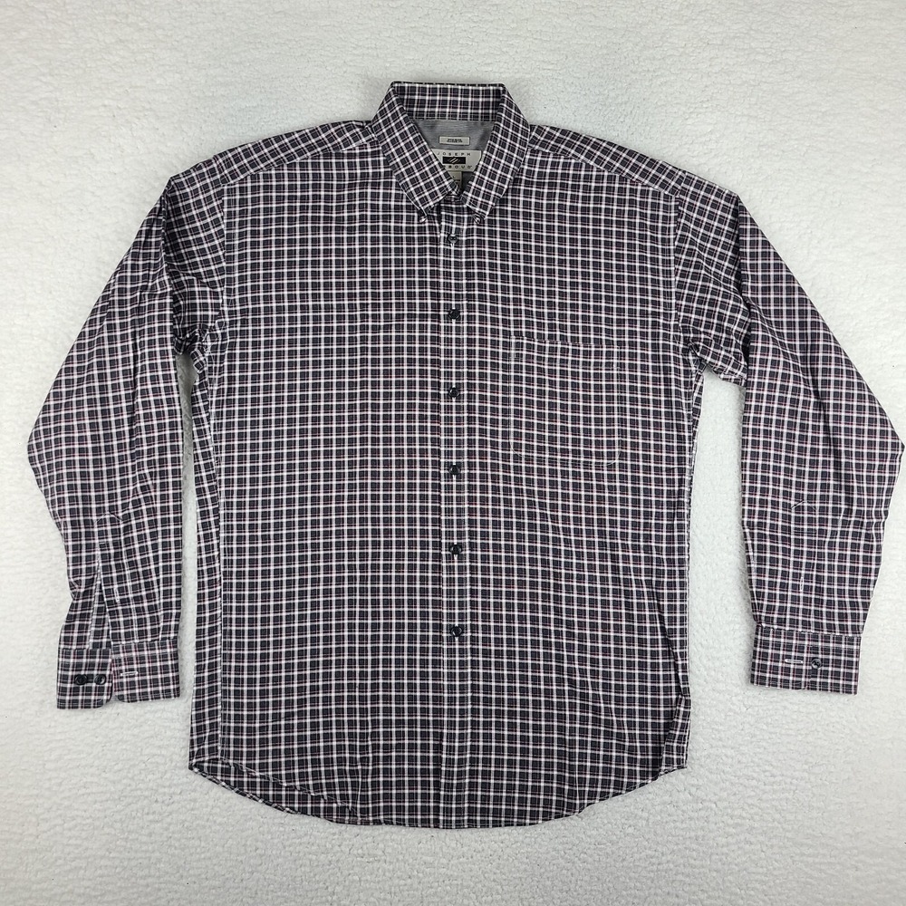 Joseph Abboud Shirt Mens Large Dark Red Gray Plaid Non Iron Dress Button Down